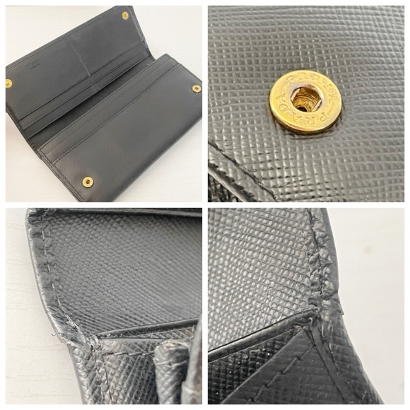 Prada black saffiano leather triangle long snap wallet sleek gold - Picture 5 of 11